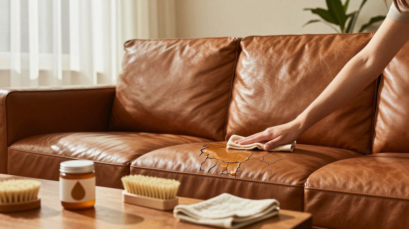 Pessoa a limpar sofá de pele castanha desgastado com pano num ambiente iluminado.