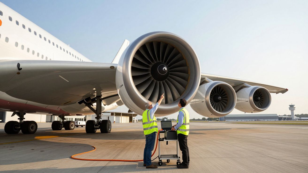 Dois técnicos em coletes refletivos inspecionam motor de avião num aeroporto durante o dia.