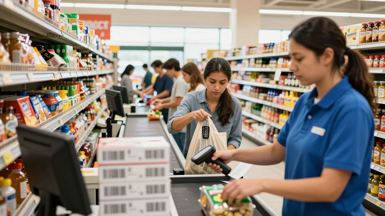 Caixa faz scan de produtos enquanto clientes aguardam para pagar num supermercado bem iluminado.