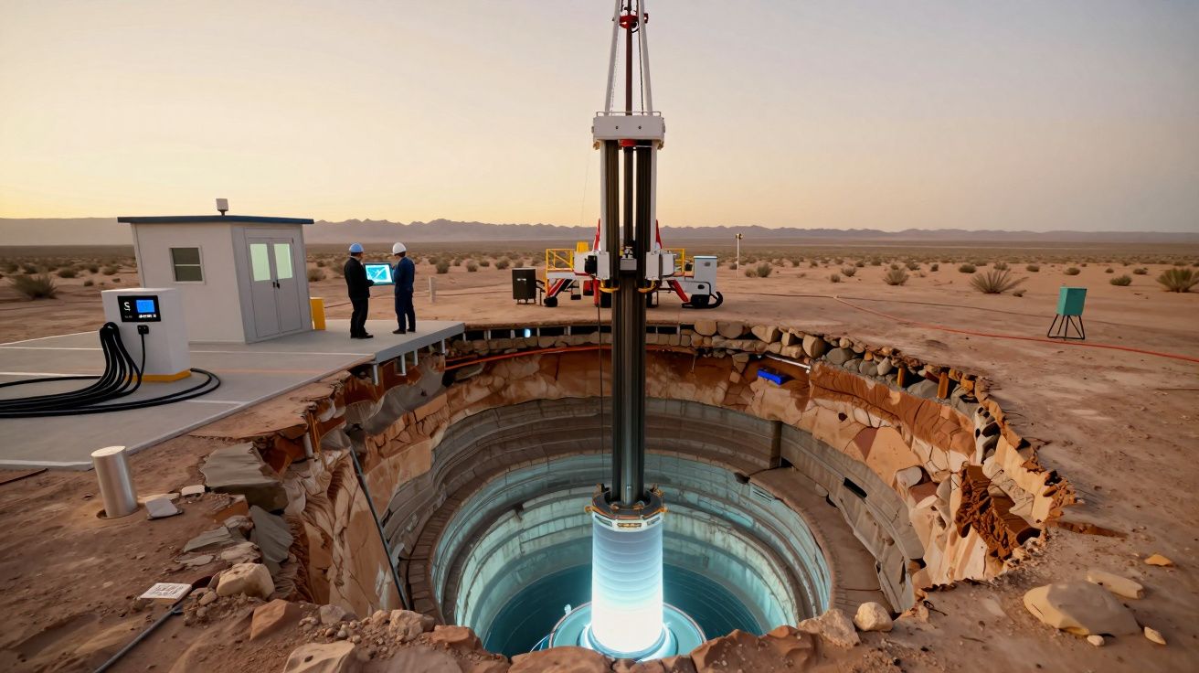 Perfuração de poço profundo em terreno desértico com técnicos a analisar dados junto a maquinaria especializada.