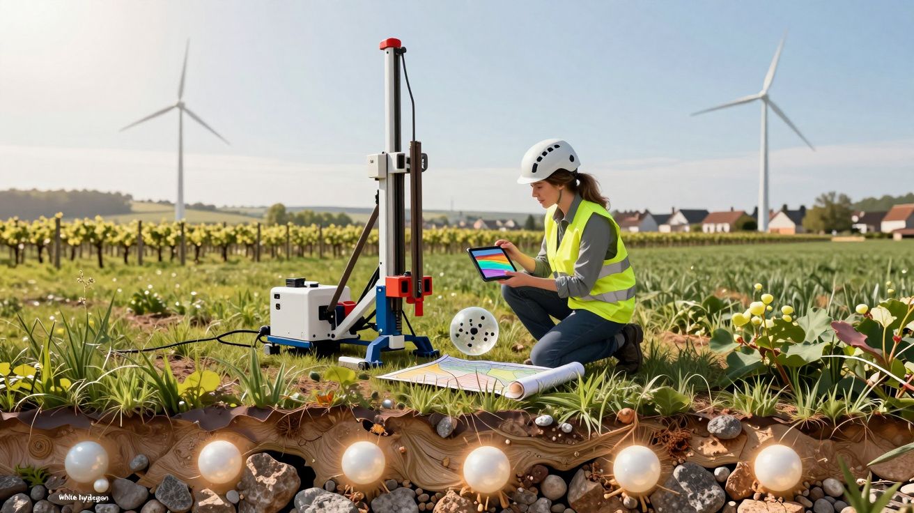 Agrónoma com capacete e colete examina solo em campo com turbinas eólicas ao fundo.