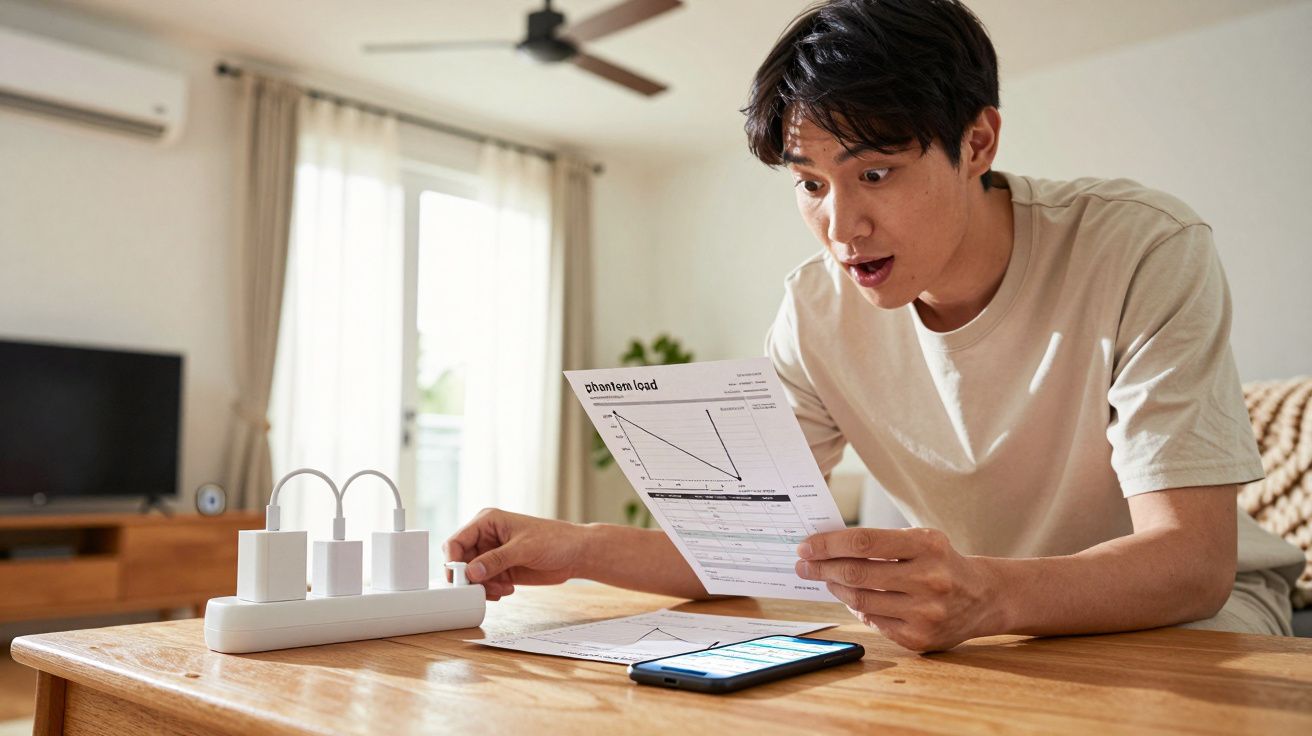 Homem surpreendido lê fatura enquanto usa régua elétrica numa sala luminosa.