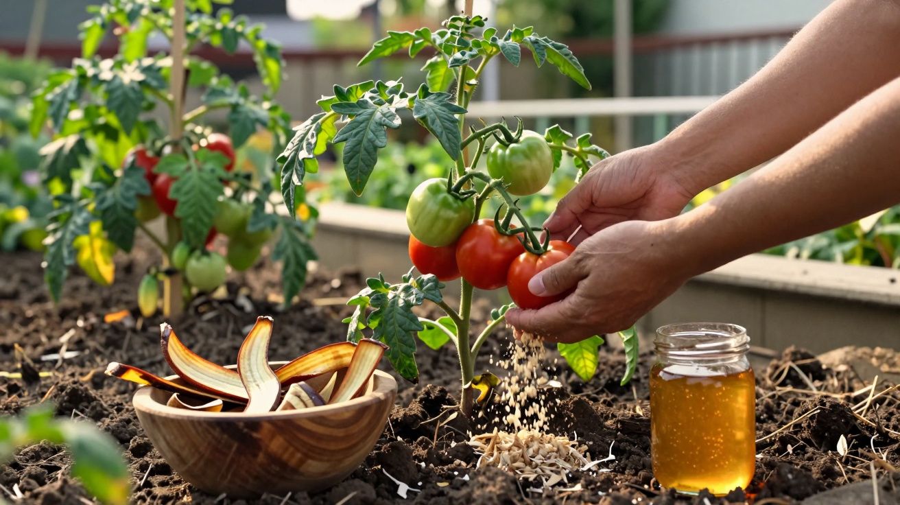 Mãos a colher tomates vermelhos maduros numa horta com terra, pote de mel e tigela de cascas ao lado.