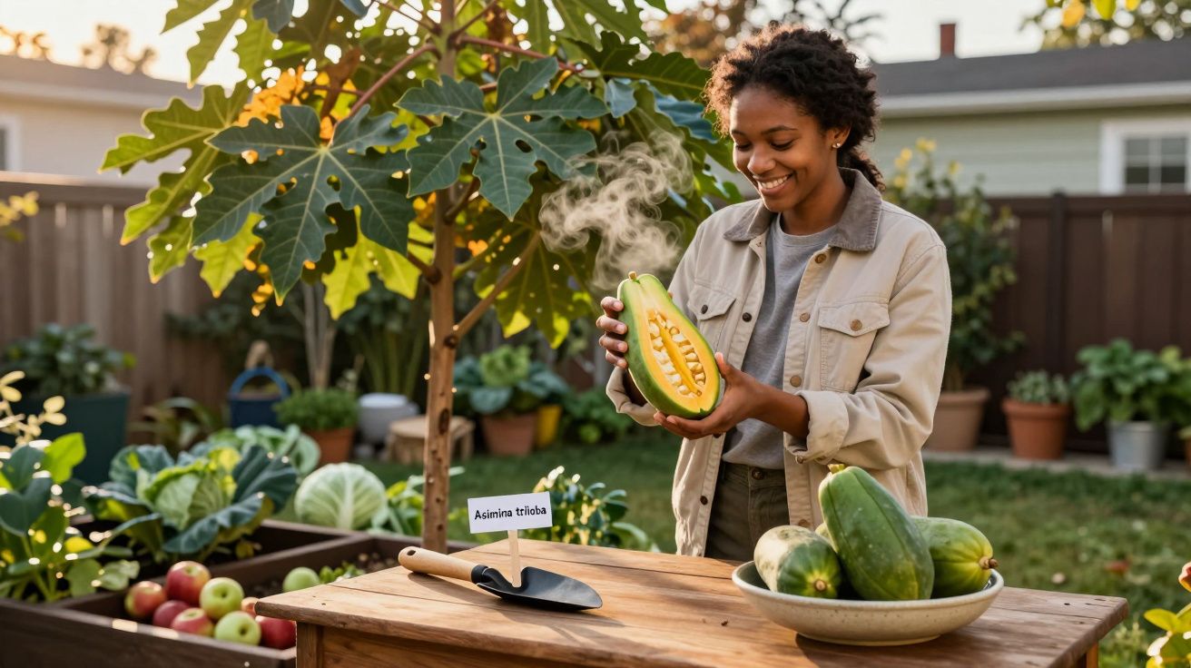 Mulher sorridente a segurar uma papaia cortada num jardim com várias plantas e legumes ao fundo.