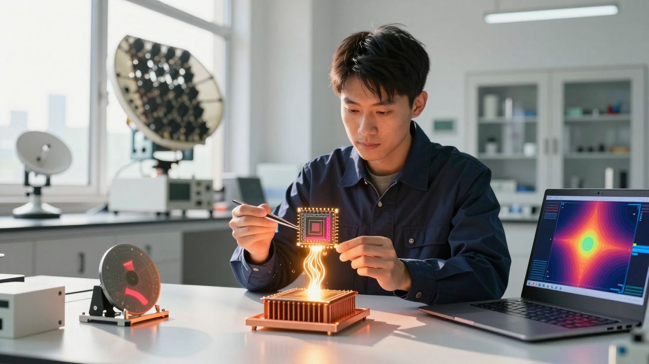 Homem a manipular com precisão chip tecnológico sobre dispositivo, com portátil aberto e gráficos na mesa de laboratório.