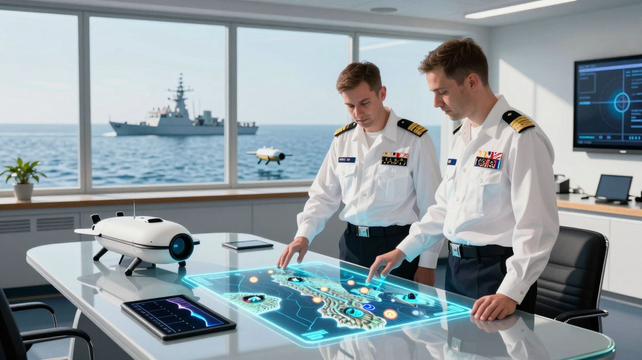 Dois oficiais navais analisam mapa digital interativo numa sala com vista para o mar e um destróier ao longe.