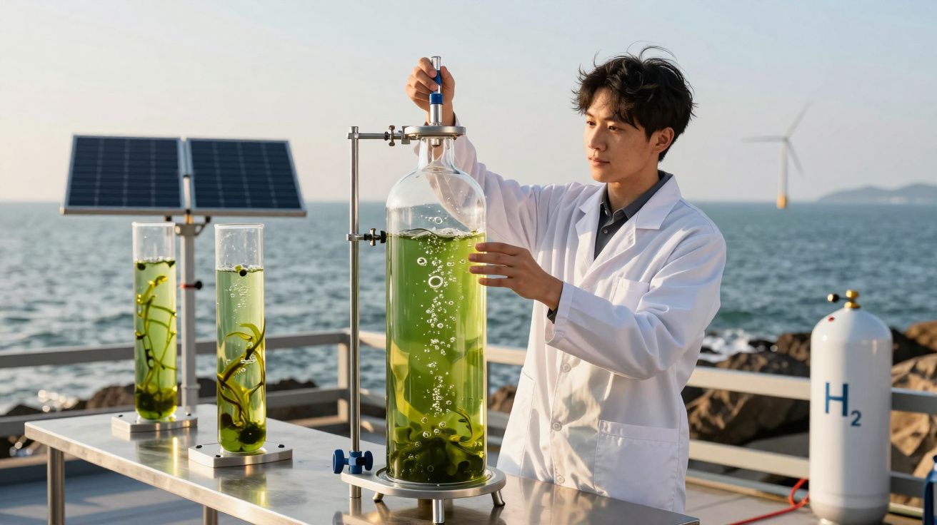 Cientista em bata branca manipula equipamento com algas verdes ao lado de painéis solares junto ao mar.