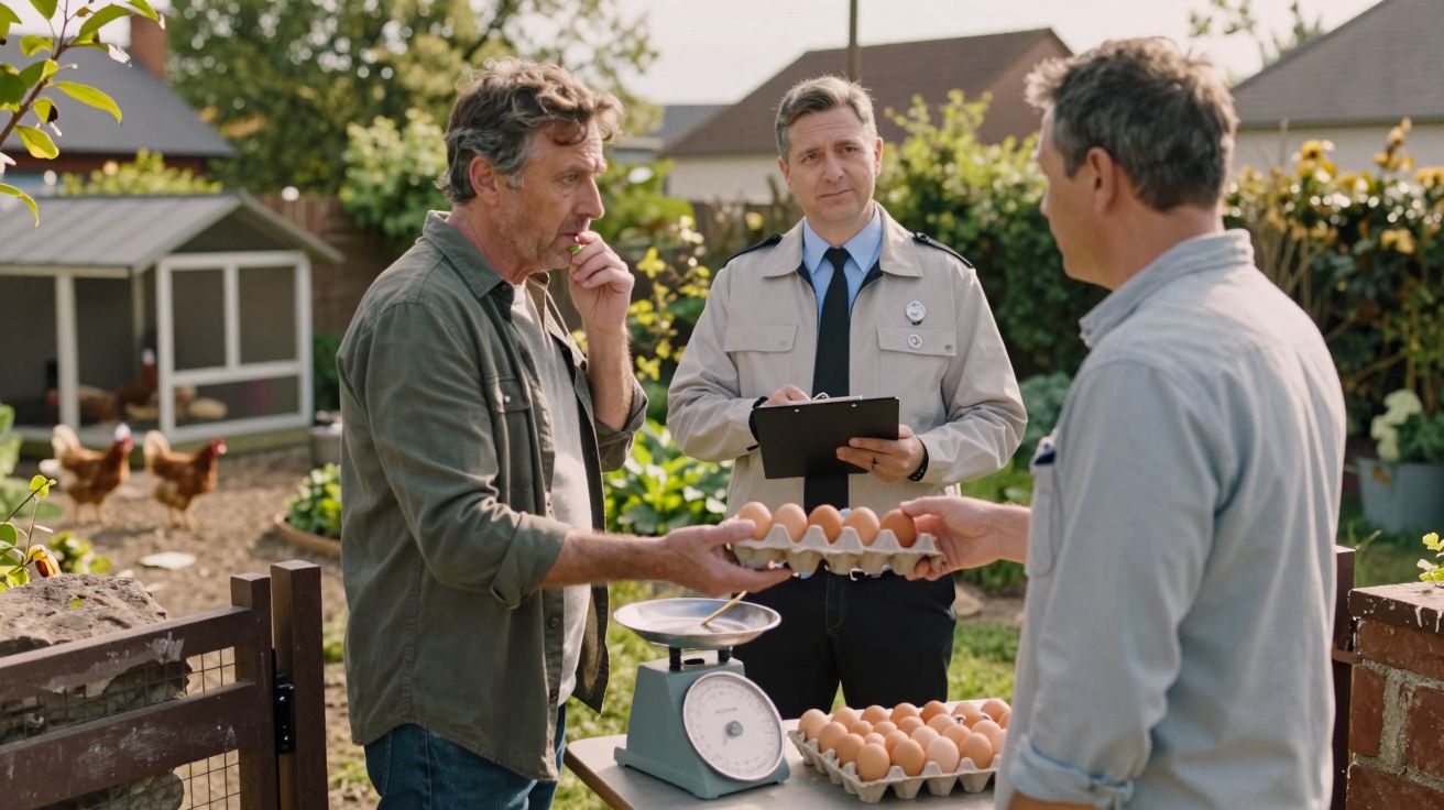 Homem a vender ovos num mercado ao ar livre enquanto agente fiscal observa e anota num bloc de notas.