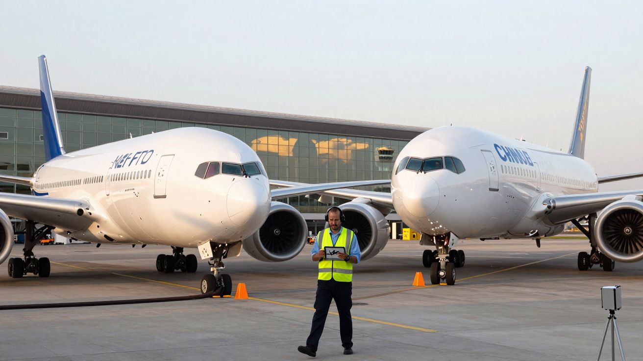 Homem com colete refletor junto a dois aviões estacionados na pista de aeroporto ao entardecer.