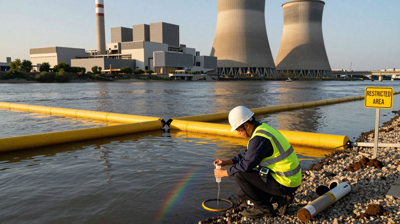 Técnico recolhe amostra de água junto a barreiras flutuantes perto de central elétrica e aviso de área restrita.