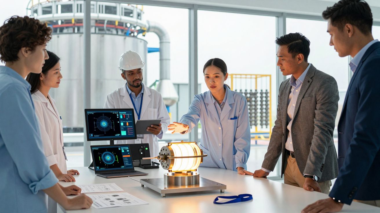 Grupo de engenheiros em reunião a analisar protótipo tecnológico numa fábrica moderna.