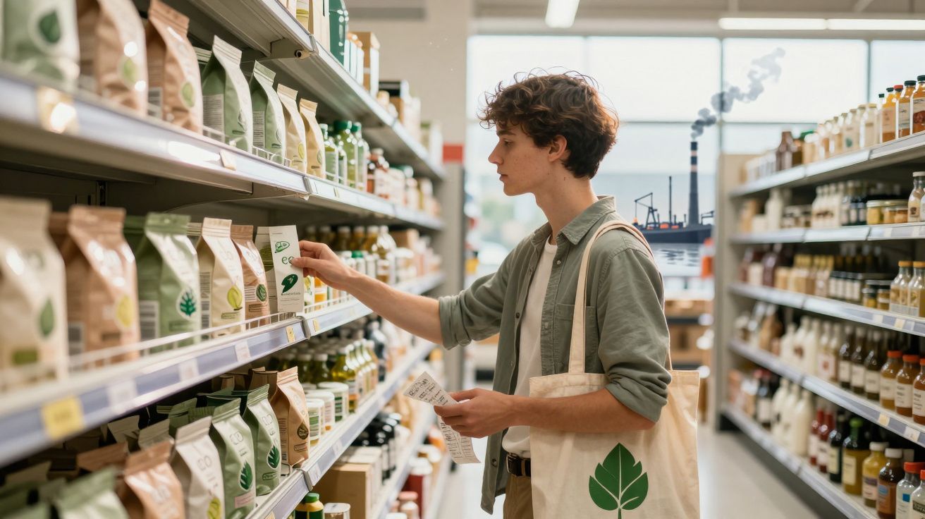 Pessoa jovem com saco reutilizável escolhe produto em prateleira de supermercado ecológico.