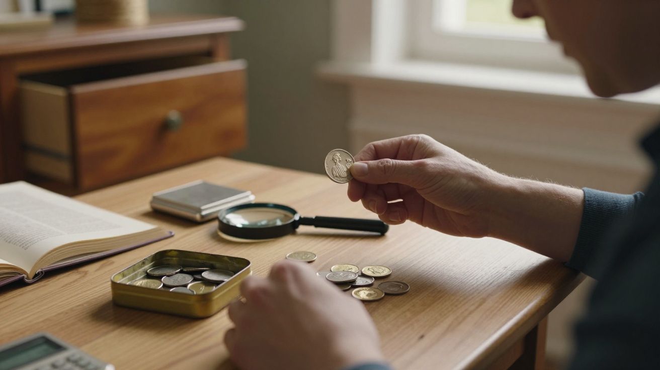 Pessoa a examinar moedas antigas numa mesa com lupa, livro aberto e caixa de metal.