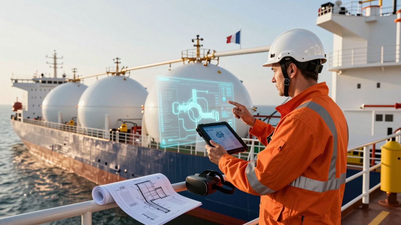 Engenheiro naval com capacete e tablet, analisando dados holográficos ao lado de navio de transporte.