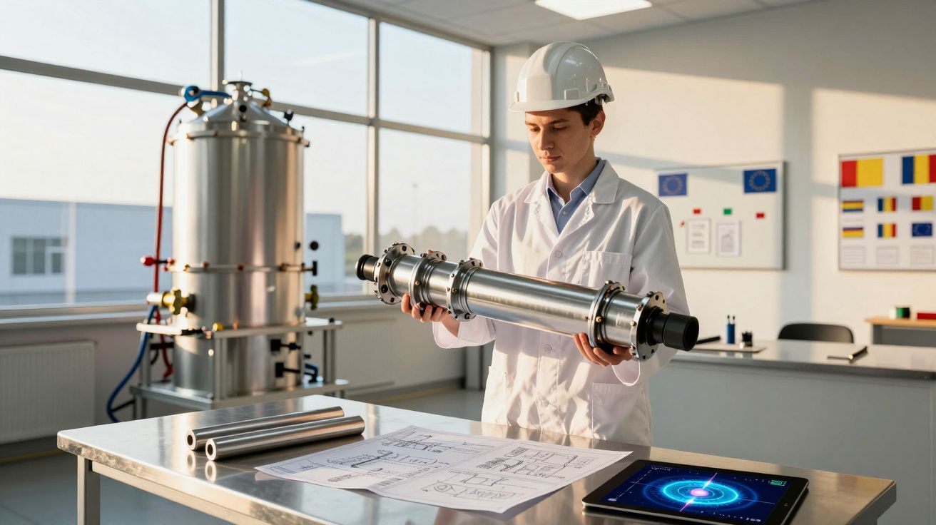 Homem com capacete e bata branca examina equipamento metálico num laboratório com desenhos técnicos na mesa.