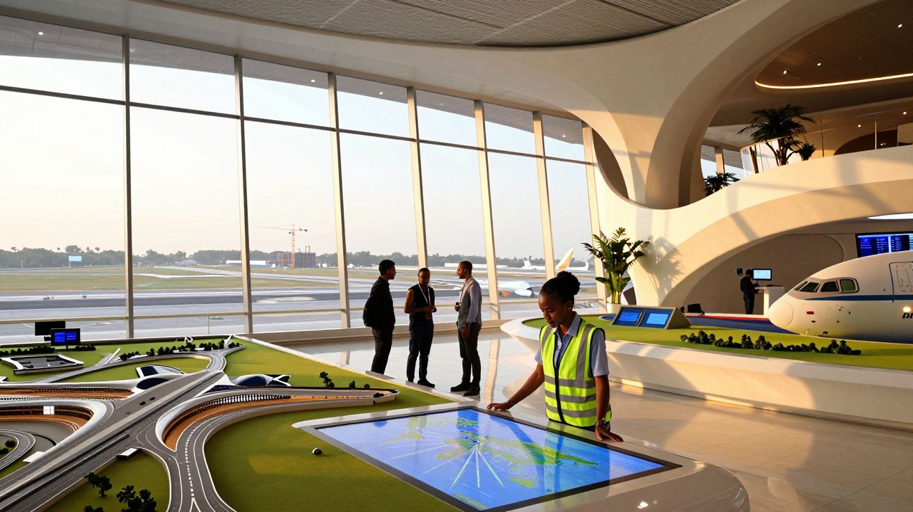 Interior moderno de aeroporto com maquete, ecrã tátil, três pessoas ao fundo e avião junto à janela grande.