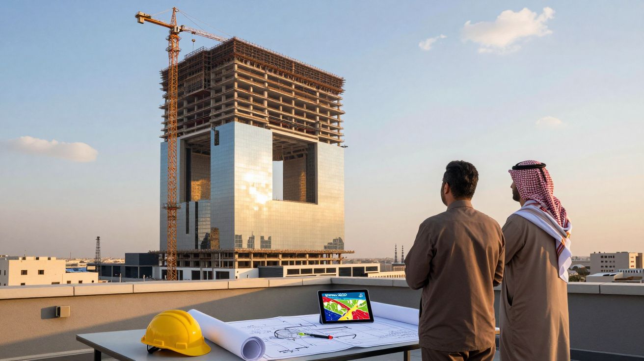 Dois engenheiros observam um edifício moderno em construção ao pôr do sol, com plantas e capacete na mesa.