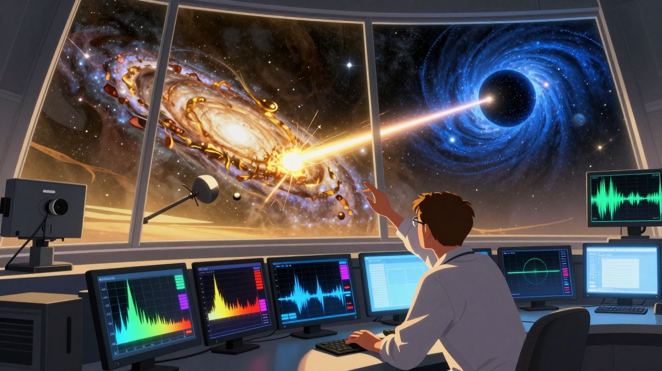 Pessoa numa sala de controlo observa grandes ecrãs com dados, vendo uma galáxia e buraco negro no espaço.