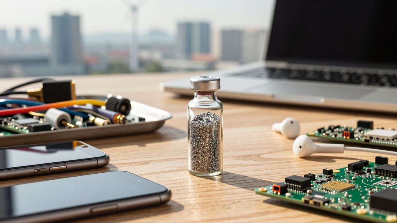 Mesa com componentes eletrónicos, dois telemóveis, auriculares, garrafa com bolinhas metálicas e computador portátil.