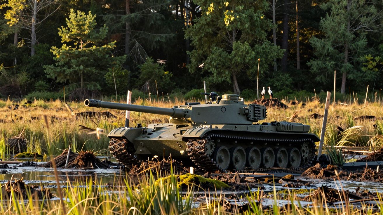 Tanque militar verde a atravessar terreno pantanoso com vegetação e árvores ao fundo.