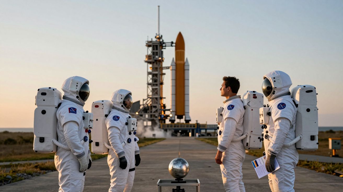 Quatro astronautas em fato espacial observam um foguetão prestes a ser lançado numa base espacial ao pôr do sol.