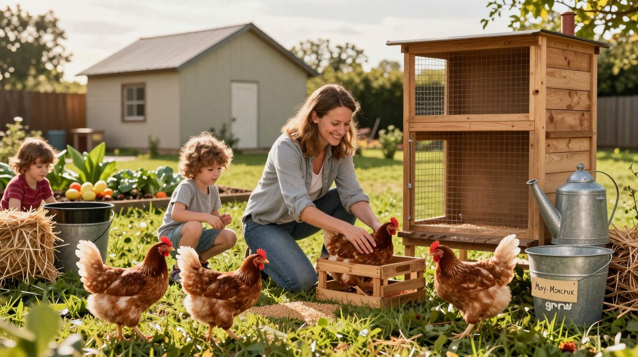Mulher e duas crianças a cuidar de galinhas num quintal com galinheiro e vegetação ao fundo.