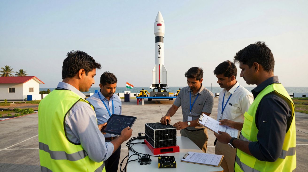 Cinco engenheiros indianos a trabalhar com equipamento tecnológico perto de um foguetão Vikram I junto ao mar.