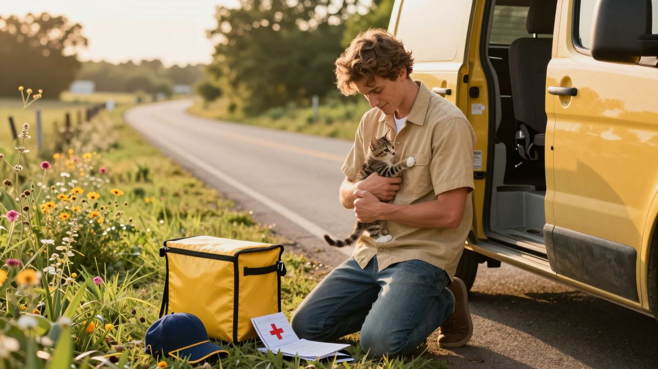 Homem ajoelhado ao lado de carrinha amarela abraça gato com caixa térmica e kit de primeiros socorros no chão.