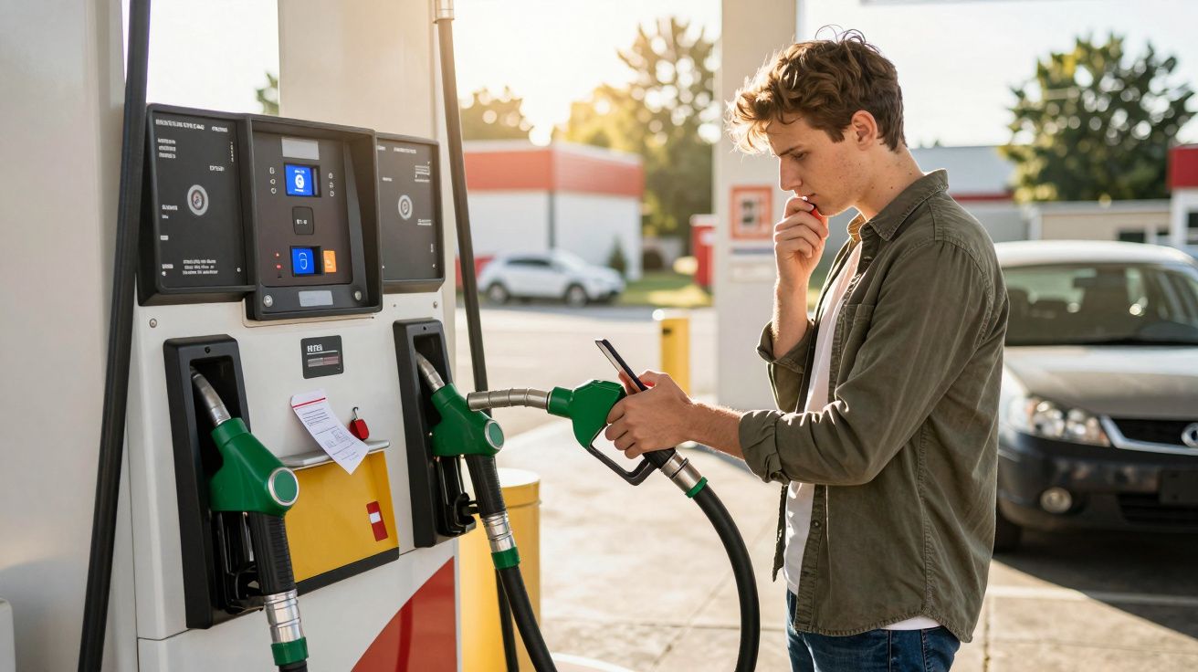 Homem atento com pistola de combustível na mão junto a bomba numa estação de serviço.