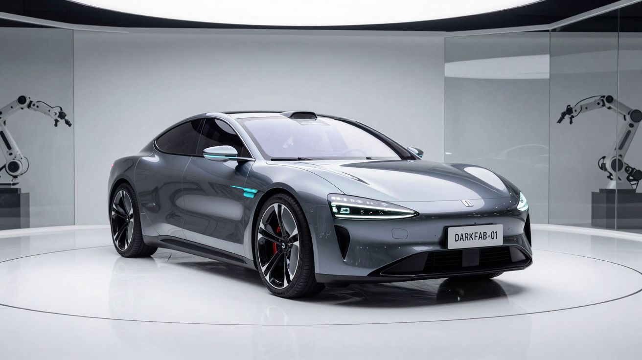 Carro desportivo elétrico cinzento com design aerodinâmico exposto numa sala moderna com robôs.