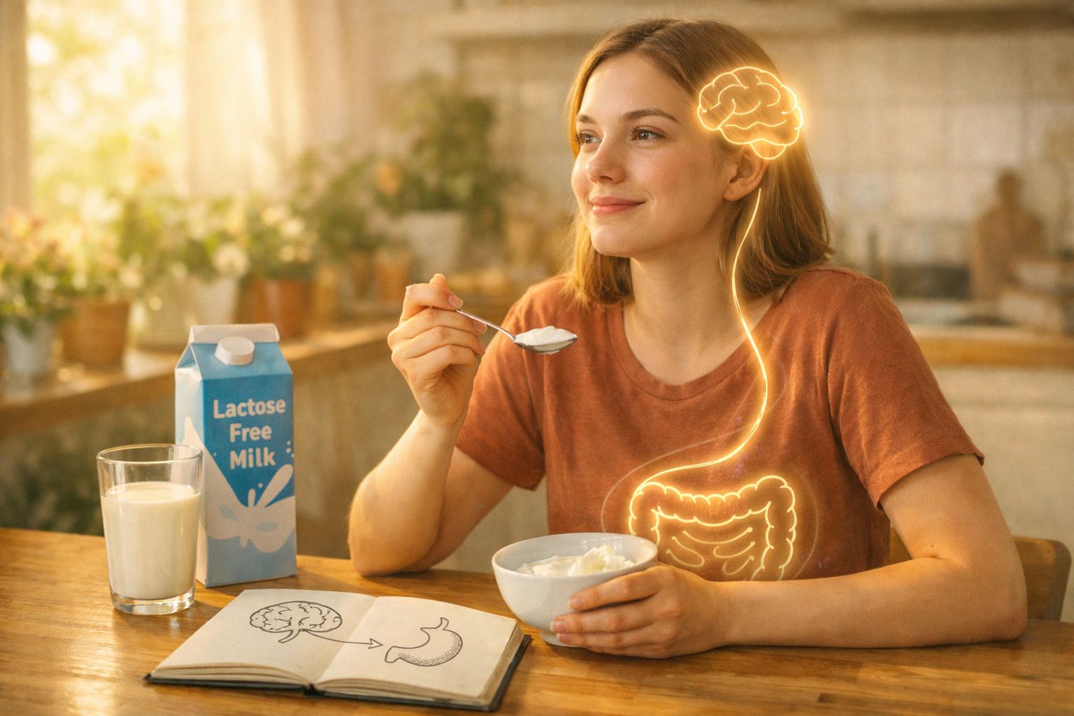 Mulher a comer iogurte com leite sem lactose, ilustrando a ligação entre o intestino e o cérebro.