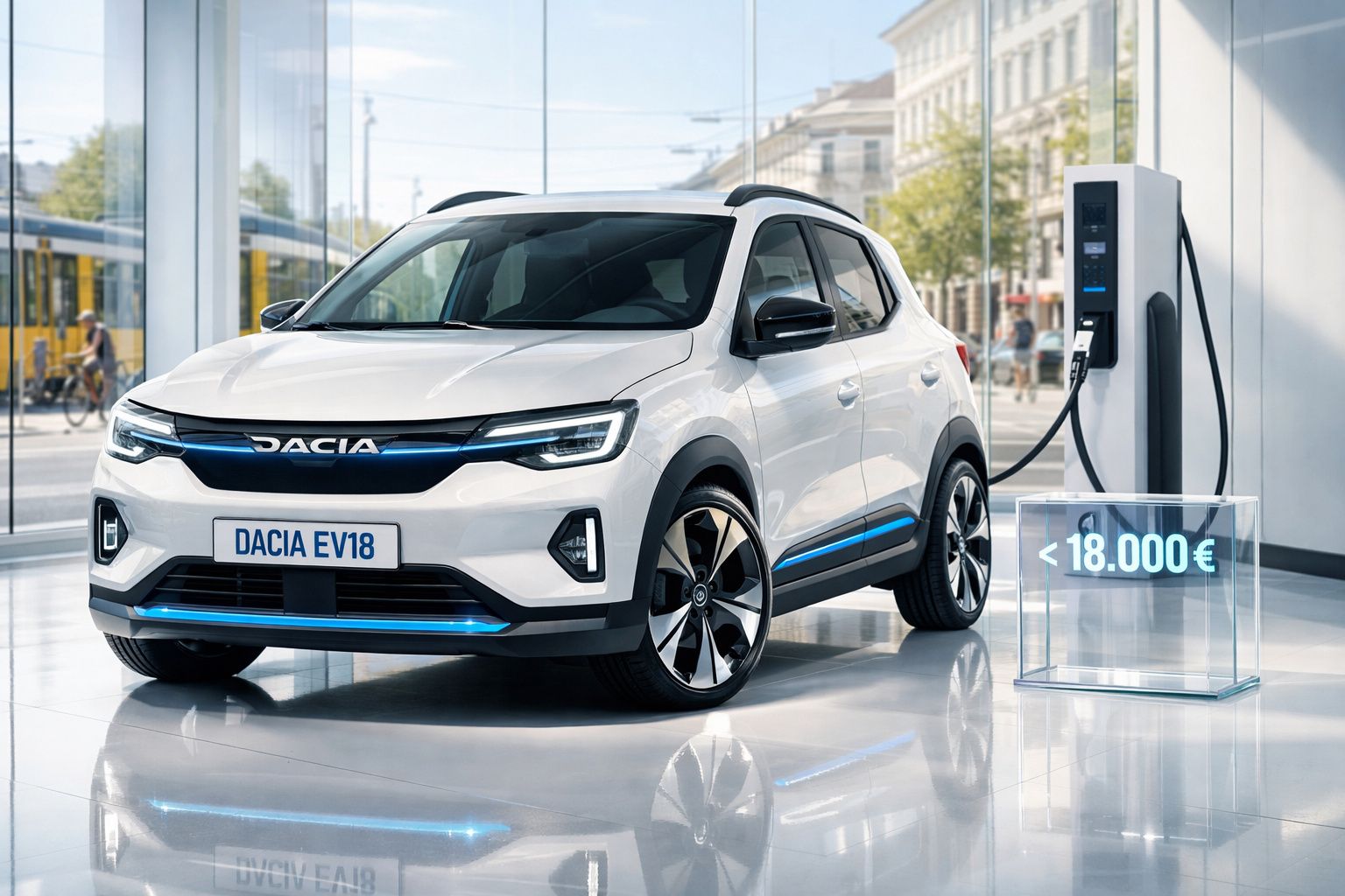 Carro elétrico branco Dacia EV18 a carregar em posto de carregamento, preço inferior a 18.000 euros.