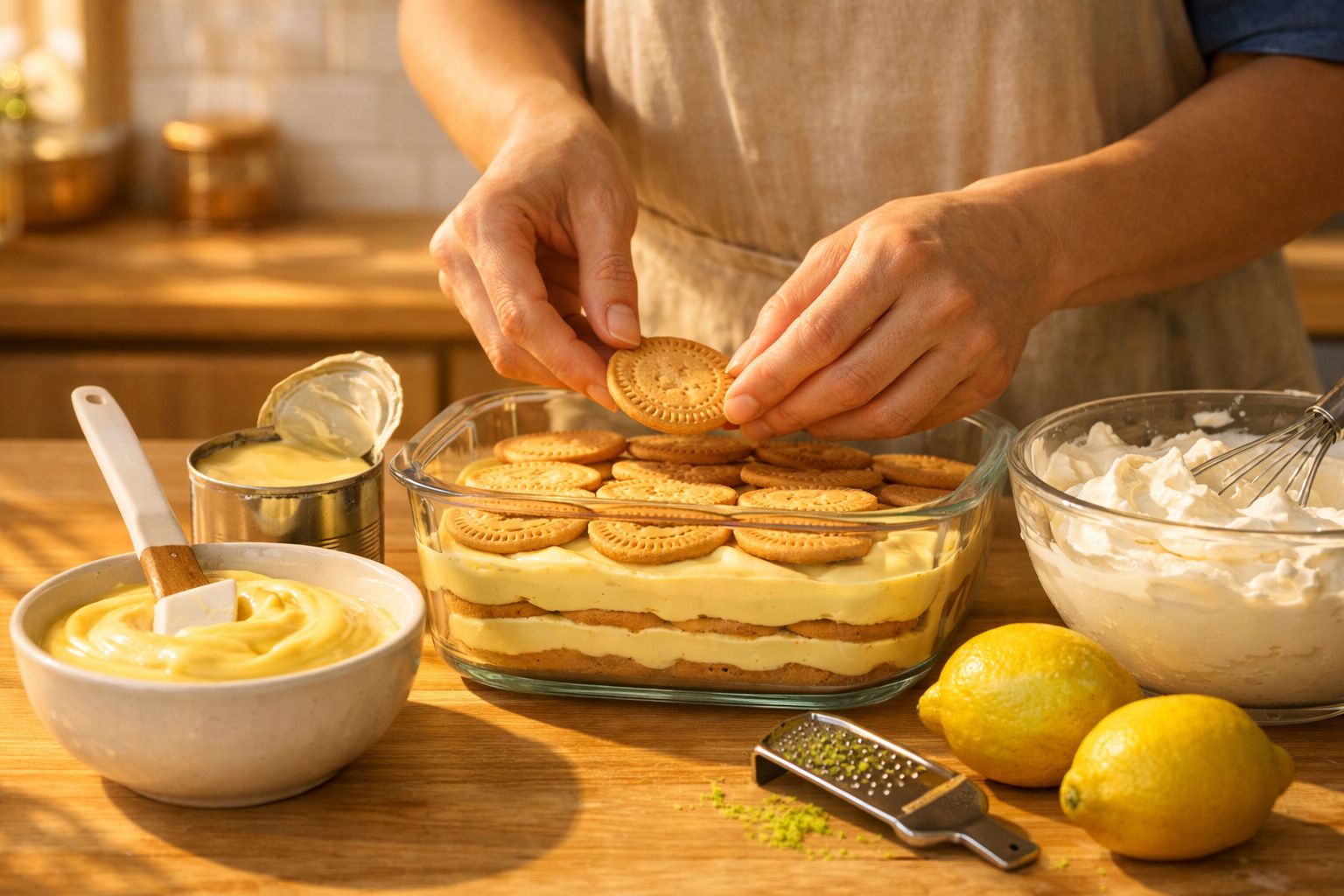 Pessoa a preparar sobremesa de limão com bolachas, creme e chantilly numa cozinha iluminada.